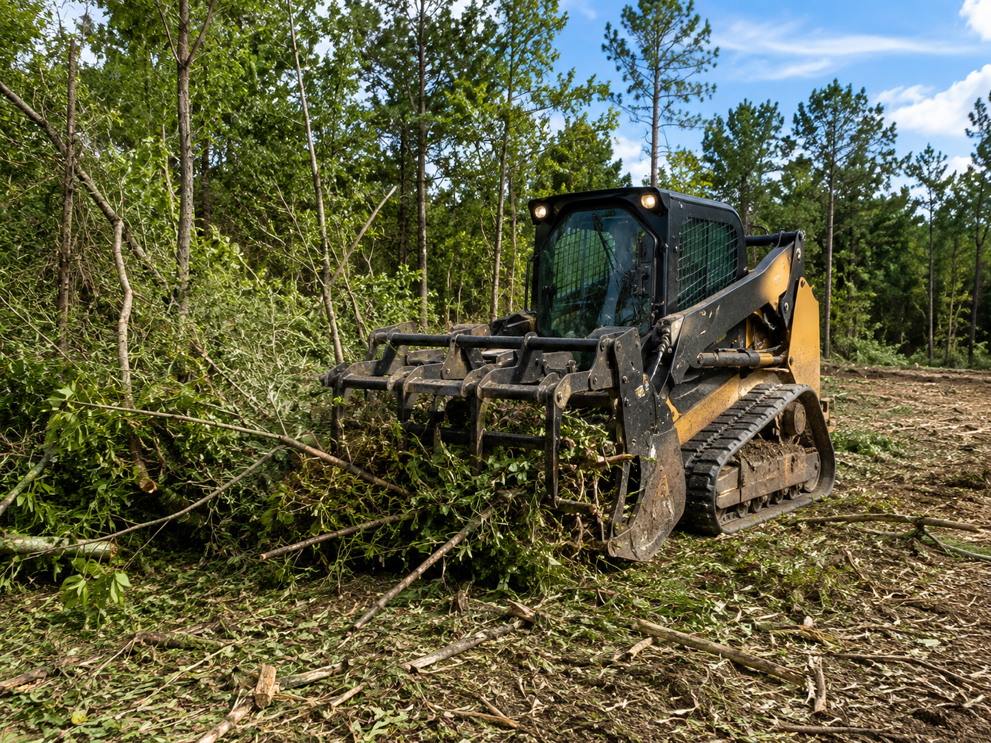 Skid steer performing land clearing and brush removal in Danbury, TX
